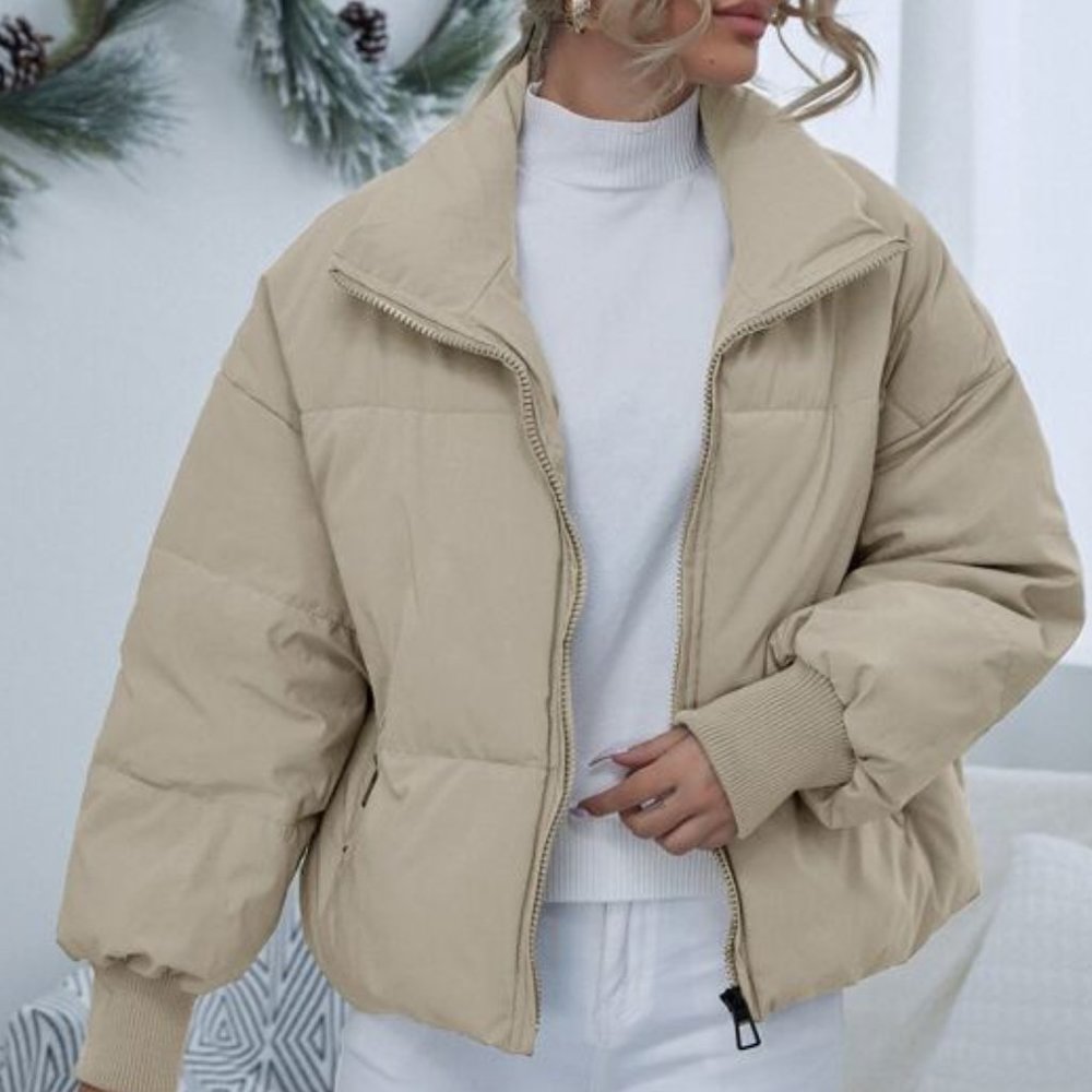 Contemporary Puffer Coat - light tan khaki - Picture 4 of 8
